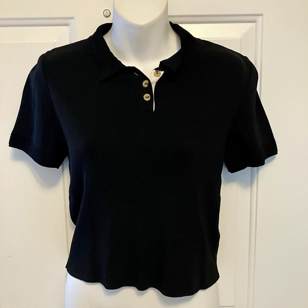 Topshop Women's Size 8 10 Black Ribbed Cropped Short Sleeve Shirt Polo‎ Top
